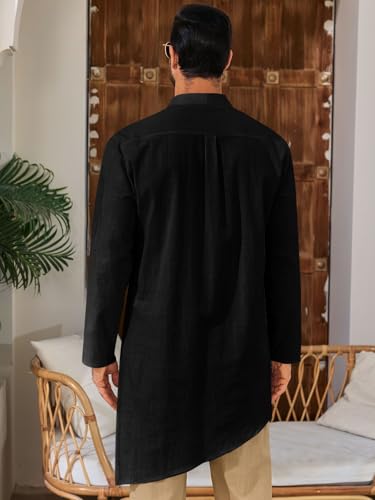 Runcati Mens Kaftan Robe Thobe Cotton Long Sleeve Henley Shirt Casual Muslim Gown Kurta Tops - color: Black, size: XX-Large
