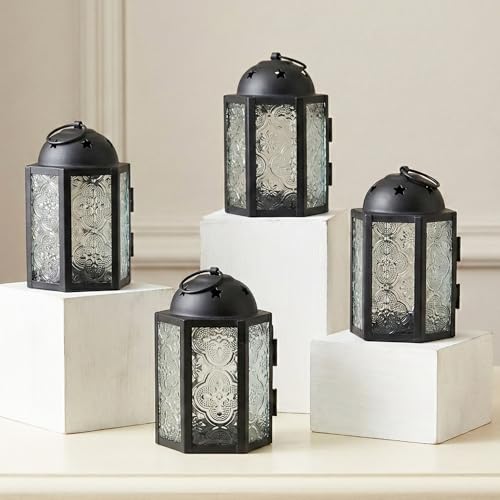 VELA LANTERNS Mini Moroccan Tea Light Candle Holder Lanterns – 4.25" Small Decorative Lantern for Table or Hanging, Metal with Glass Panels – Ramadan, Wedding, Home Decor, Frosted Clear (Set of 4) - color: Frosted Clear