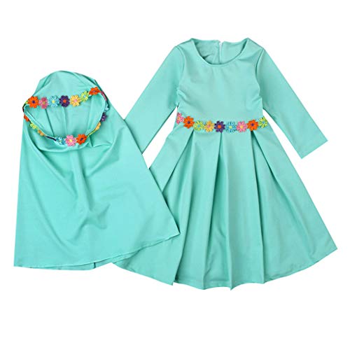 Baby Hijab Set Kids Muslim Prayer Kaftan Dress Clothes for Girls Long Sleeve Ramadan Abaya Dress Maxi Islamic Set - color: Green, size: 18-24 Months