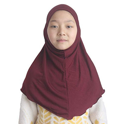 Girls Hijab Muslim Scarf for Kids – Ready to Wear, Solid Color, Soft & Breathable Daily Headwear for Ages 6-11 - color: Wine Red