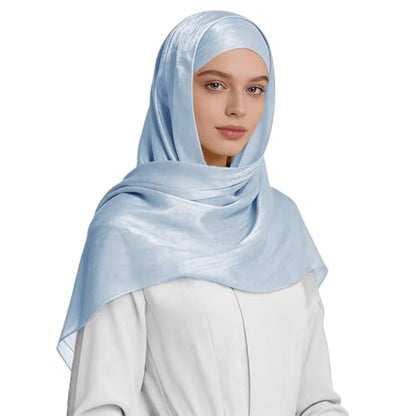 Premium Hijab Head Scarf for Women Lightweight Shimmer Hijab Head Wrap Scarves Crepe Satin Scarf Shawl Wrap - color: Baby Blue