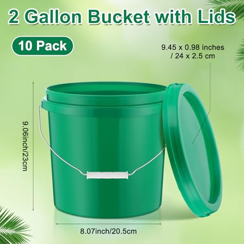 Tioncy 10 Pcs 2 Gallon Plastic Buckets with Lids and Handles,Green | Storage Pails for Paint, Cleaning, Organizing, Durable Containers, Metal Handles, Plastic Material - color: Green