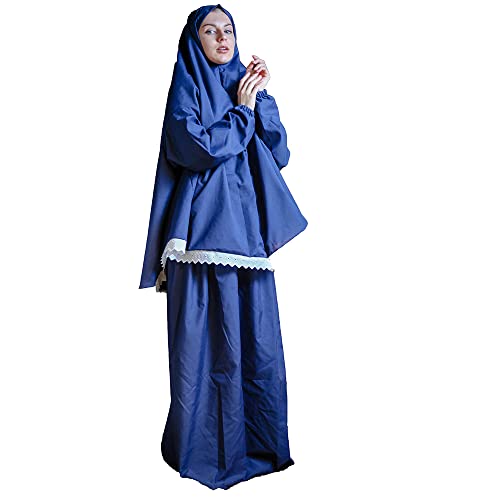 Women's Prayer Dress 2 Pieces Microfiber Solid Color Plus Long Sleeve | One-Size | Hijab Abaya Suit - color: Navy