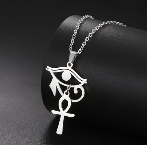 Ankh Cross Y Necklace Key of Life Eye of Horus Pendant Cartouche Long Chain Protection African Coptic Amulet Ancient Egyptian Religious Jewelry Gift for Women Men - color: Ankh Cross Eye of Horus silver 2