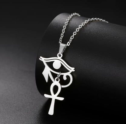 Ankh Cross Y Necklace Key of Life Eye of Horus Pendant Cartouche Long Chain Protection African Coptic Amulet Ancient Egyptian Religious Jewelry Gift for Women Men - color: Ankh Cross Eye of Horus silver 2