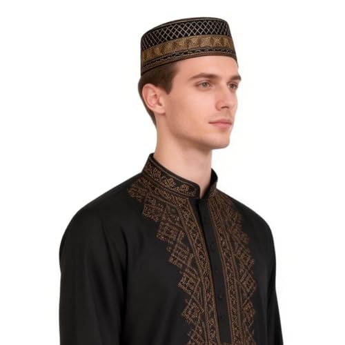 haozaikeji 4pcs Men's Muslim Prayer Kufi Hat Embroidered Islamic Prayer Cap Arabian Omani Turkish Praying Caps Eid Topi Hat - color: White+coffee+grey+dark-grey