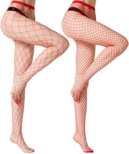 MengPa Women's Fishnets Tights High Waist Stockings Party Thigh High Pantyhose - color: 2pcs-red