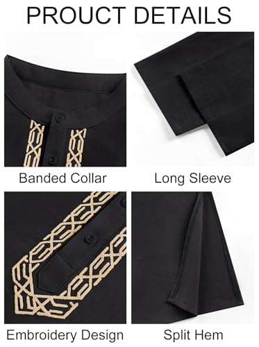 Runcati Mens Kaftan Thobe Button Down Casual Henley Shirts Long Sleeve Robe Cotton Linen Muslim Gown Shirt - color: Black, size: XX-Large
