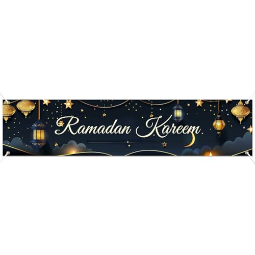 BlissYard Ramadan Kareem Banner 78 x 17 Inch Islamic Holiday Wall Backdrop Moon Star Design for Eid Mubarak Home Porch Fence Party Decor Spiritual Celebration