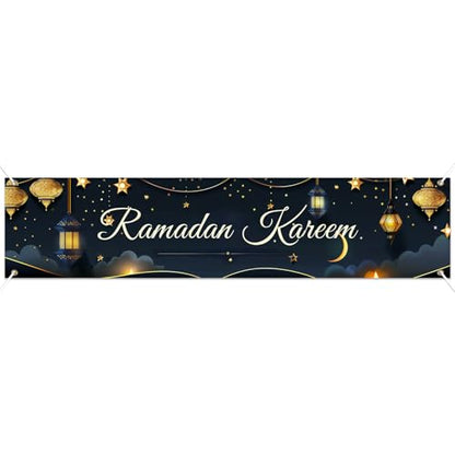 BlissYard Ramadan Kareem Banner 78 x 17 Inch Islamic Holiday Wall Backdrop Moon Star Design for Eid Mubarak Home Porch Fence Party Decor Spiritual Celebration