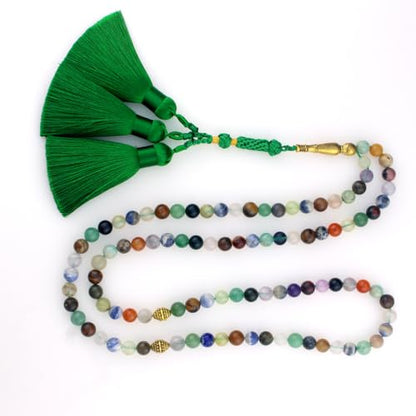 Muslims Islamic Dhikr 99 Tasbeeh Tasbih Prayer Beads, Colorful Agate Stone Beads with Tassel