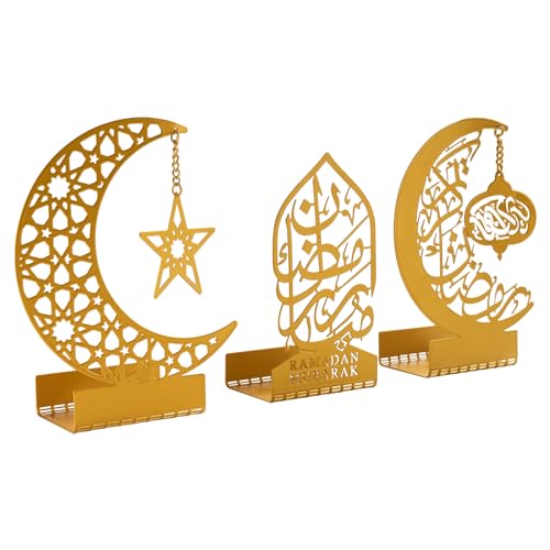 3 Pcs Gold Metal Ramadan Decorations for Home 2026, Eid Mubarak Kareem Sign Islamic Table Centerpiece Fireplace Decor, Arabic Crescent Moon Stand Lantern Star Candle Holders, Muslim Gifts
