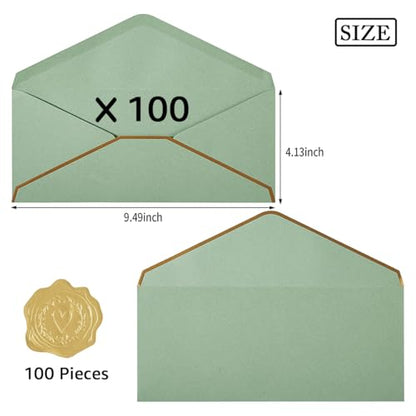 100 Pack #10 Business Envelopes with Gold Stickers, Sage-Green - color: Sage Green