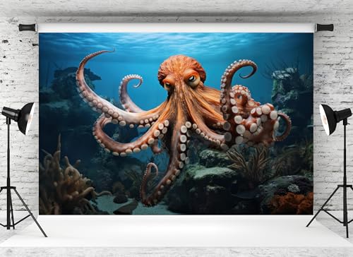 7x5ft Octopus Backdrop Underwater Coral Reef Blue Ocean Background for Marine Themed Party Birthday Aquarium Event Halloween Decor Photo Studio Booth Props Banner Wallpapers - size: 7x5FT