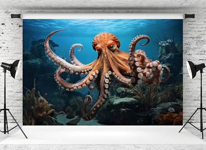 7x5ft Octopus Backdrop Underwater Coral Reef Blue Ocean Background for Marine Themed Party Birthday Aquarium Event Halloween Decor Photo Studio Booth Props Banner Wallpapers - size: 7x5FT