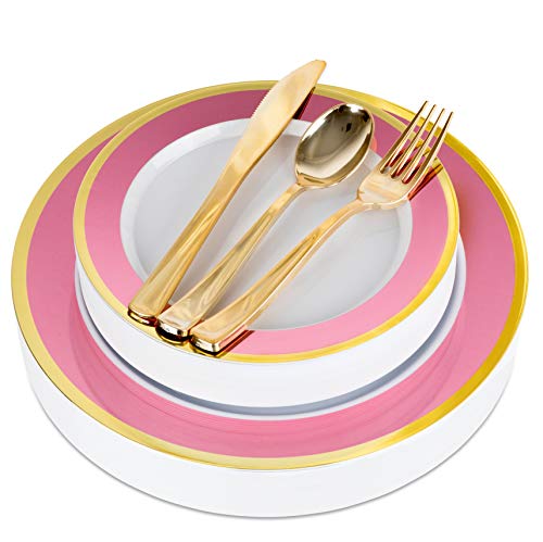 125-Piece White, Pink, and Gold Fancy Plastic Plates Disposable with Silverware, Elegant Dinnerware for Weddings, Holiday Party China, Set of 25 Dinner + Salad Plates, 25 Spoons, 25 Forks, 25 Knives - color: Pink & Gold Rim