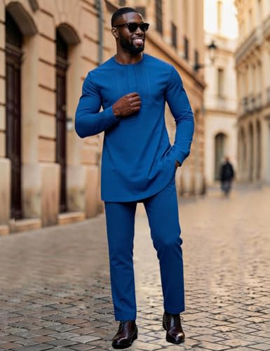 Mens African 2 Piece Set Nigerian Dashiki Traditional Suit Pleated Snap Button Shirts and Pants Outfit - color: Blue, size: Medium