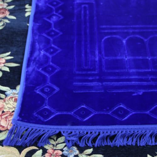Thick Flannel Muslim Prayer Rug Embossed Turkish Prayer Carpet Islam Prayer Mat Rosary Beads for Men Women Islamic Janamaz Great Ramadan Eid Gift Elegant Sajadah with Tassel Salat Rug 80x120cm - color: Loyal Blue