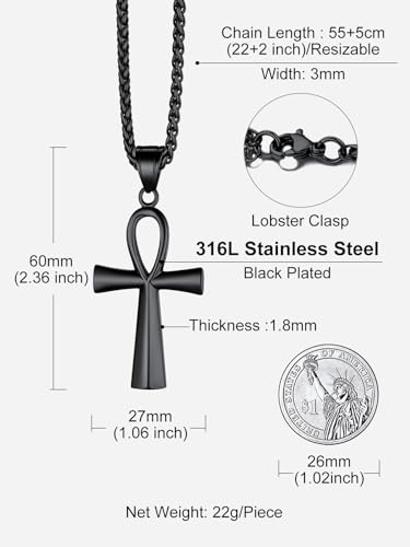 Richsteel Stainless Steel/Gold/Black Plated Ankh Cross Pendant Necklace for Men Women with Wheat Chain Religious Jewelry(with Gift Box) - color: 03-Black Ankh