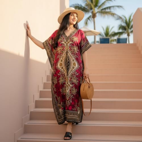Women's Kaftan Dress – Loose Fit Maxi Gown – Kimono Style Beach Cover Up – Elegant Resort Wear and Nightwear - color: Pink