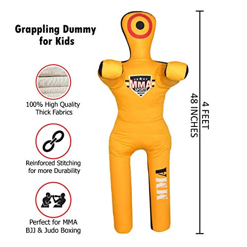 Kids Grappling Standing Dummy - Unfilled – Wrestling, Jiu-Jitsu, MMA Training Dummy with Moveable Arms and Legs – Durable Polyester Fabric - color: Yellow-Stand, size: 4 ft-49 Inch