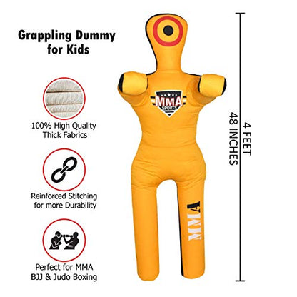 Kids Grappling Standing Dummy - Unfilled – Wrestling, Jiu-Jitsu, MMA Training Dummy with Moveable Arms and Legs – Durable Polyester Fabric - color: Yellow-Stand, size: 4 ft-49 Inch