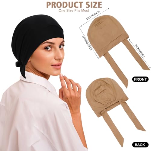 XEPST 2 PCS Hijab Undercap for Women, Islamic Muslim Under Hijab Cap Satin Lined Undercap Tie Back Bonnet Inner Head Scarf Head Wraps Hair Turbans for Women Chemo Headwear Sleep Cap, Black+Khaki
