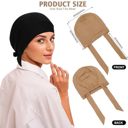XEPST 2 PCS Hijab Undercap for Women, Islamic Muslim Under Hijab Cap Satin Lined Undercap Tie Back Bonnet Inner Head Scarf Head Wraps Hair Turbans for Women Chemo Headwear Sleep Cap, Black+Khaki
