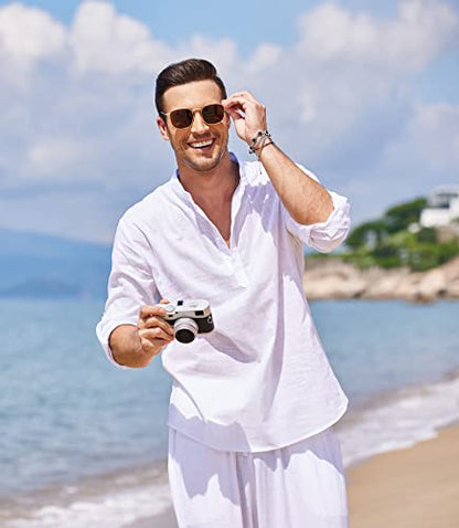 COOFANDY Men's Cotton Linen Henley T-Shirt Long Sleeve Hippie Casual Beach T-Shirts - color: 01-white, size: 3X-Large