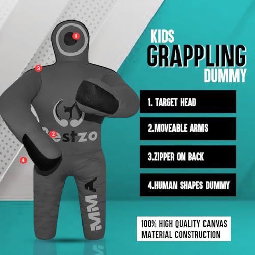 Bestzo Kids MMA Grappling Dummy - Unfilled Canvas Wrestling & BJJ Training Partner for Karate, Judo & Boxing (48-Inch) - color: Black Gray
