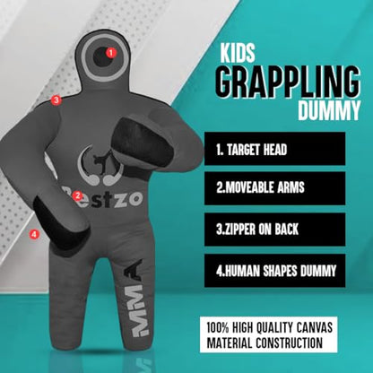 Bestzo Kids MMA Grappling Dummy - Unfilled Canvas Wrestling & BJJ Training Partner for Karate, Judo & Boxing (48-Inch) - color: Black Gray