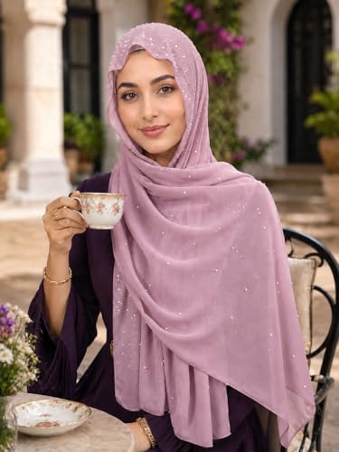 Chiffon Hijab Scarf for Women, Rhinestone Pearl Muslim Head Scarf, Lightweight Shawl Wrap - color: Light Purple