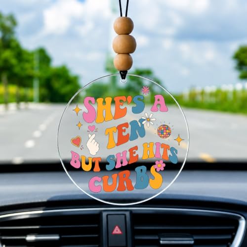 Talataca She's A Ten But She Hits Curbs 2D Flat Car Ornament & Wood Beads, Funny Quote Beaded Rear View Mirror Accessories, Retro Rearview Hanging Charm, Christmas Tree Decor - color: 47