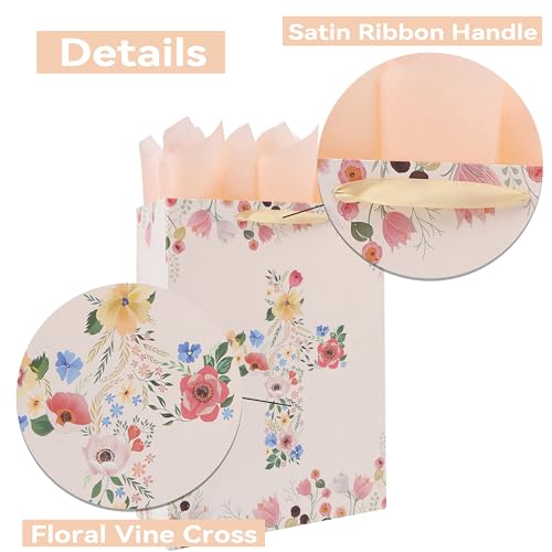 16.5" Extra Large Floral Religious Gift Bag Set with Handles, Greeting Card, Tissue Papers and Stickers for Women Girls, for First Communions, Baby Girl Baptisms, Christenings, Religious Occasion, Clergy Day, Cross Design, 1 Pcs - color: (16.5'' Extra Lar