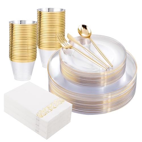 MirthMood 350Pcs Clear and Gold plates,Christmas plates, Plastic Plates for Party Include 50 Dinner,50Dessert Plate,50 Cup&50 Napkins, 150 Gold Silverware for Wedding & Party - color: Clear, size: 350