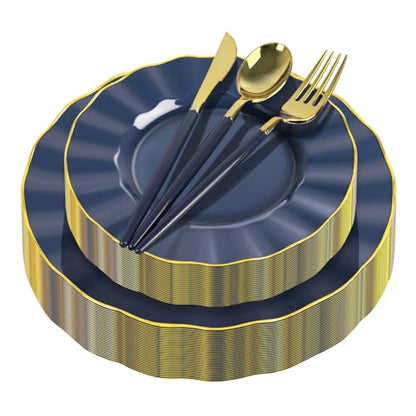 150Pcs Plastic Plates with Gold Rim,Heavy Duty Blue Plates for 30 Guests,Plastic Dinnerware Set Include 30 Dinner Plate,30 Dessert Plate,90 Gold Cutlery Set for Party (Blue) - color: Blue
