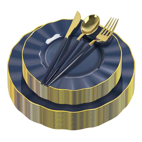 150Pcs Plastic Plates with Gold Rim,Heavy Duty Blue Plates for 30 Guests,Plastic Dinnerware Set Include 30 Dinner Plate,30 Dessert Plate,90 Gold Cutlery Set for Party (Blue) - color: Blue