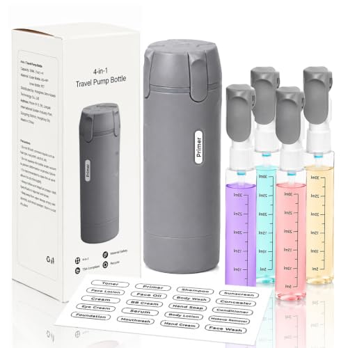 4 in 1 Travel Dispenser Bottle, Leakproof Travel Size Toiletries Holder, Refillable Portable Containers for Shampoo Lotion Conditioner Cream Transparent with Label (Grey) - color: Gray