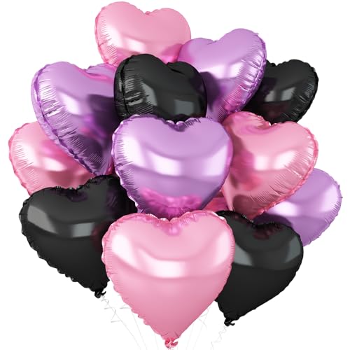 Pink Purple Black Heart Foil Balloons,12Pcs 18Inch Heart Shaped Balloons - color: Black Pink Purple