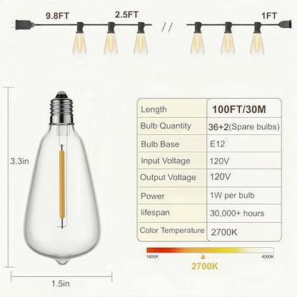 100FT Outdoor String Lights, IP45 Waterproof Patio Lights LED ST38 - size: 100FT(38 Bulbs)
