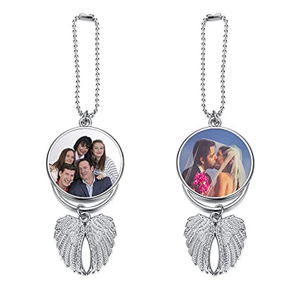 PiercingJ Custom Photo Rearview Mirror Car Charm Double Side Picture Engraving Car Hanging Ornament Angel Wing Car Charm Gift for Men Women - color: Silver-1 Pc