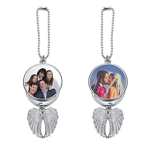 PiercingJ Custom Photo Rearview Mirror Car Charm Double Side Picture Engraving Car Hanging Ornament Angel Wing Car Charm Gift for Men Women - color: Silver-1 Pc