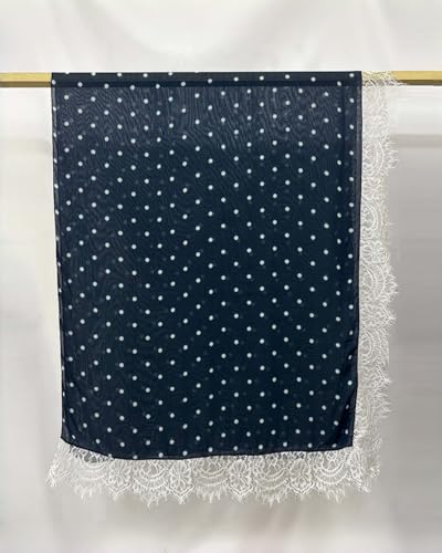 JUMISEE Elegant Floral Lace Hijab Scarf for Women Soft Cotton Head Wrap Instant Hijab Long Scarves Evening Dress Shawl - color: Navy Blue Polka Dot