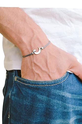 Men's bracelet silver tone crescent moon charm bracelet for men gray cotton string cord boyfriend gift for him moon star bracelet clasp mens jewelry