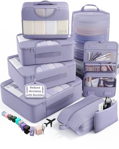 Veken 8 Set Packing Cubes for Travel Essentials,Anti-Wrinkle Buckled Suitcase Organizer for Shoe & Toiletry Bag,Carry On Luggage Bag with 99+ Count Mesh Holes for Airplane & College Dorm Accessories - color: 14 Early Purple Gray
