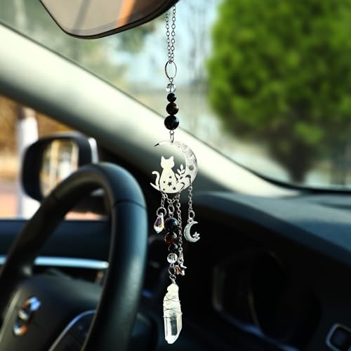 Car Rear View Mirror Witchy Accessories Car Hanging Ornament,Cat&Moon Rearview Decor Charm Black Onyx&White Jade Beaded Crystal, Handmade Unique Cute Swinging Interior Decor for Women Men - color: Cat