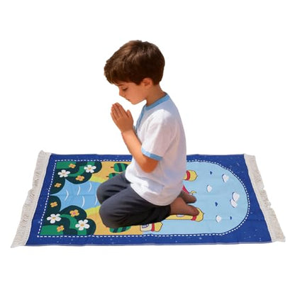 Pssopp Pray Rug for Kids, Thick and Soft Convenient to Carry Not Easy Fade Children Meditation Mat with Tassel Pray Beads Pendant Cylinder for Worship (Blue) - color: Blue