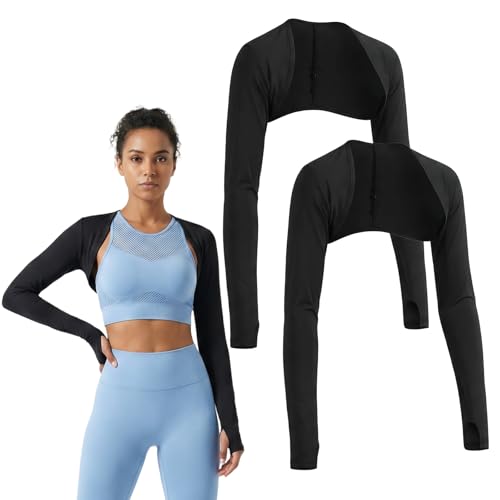 2 Pack Arm Sleeves for Women, Cooling Sun Protection Shawl Arm Covers with Finger Holes, Black Cooling Sleeves for Women Outdoor Sports Golfing Riding Driving