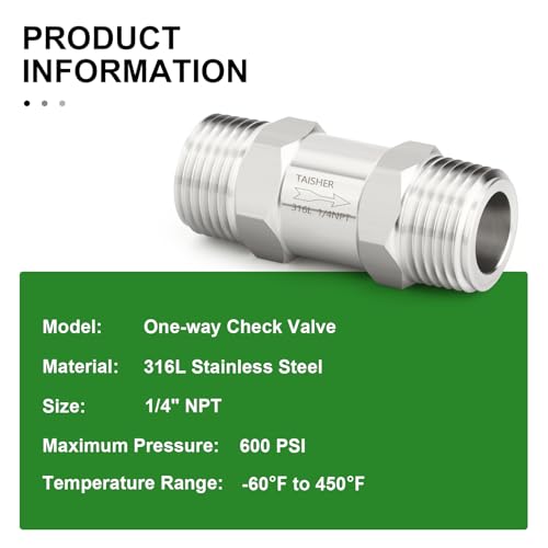 1PCS 316L Stainless Steel 1/4" NPT Male Check Valve,Backflow Prevention,One Way Non-Return Check Valves - size: 1/4" MNPT