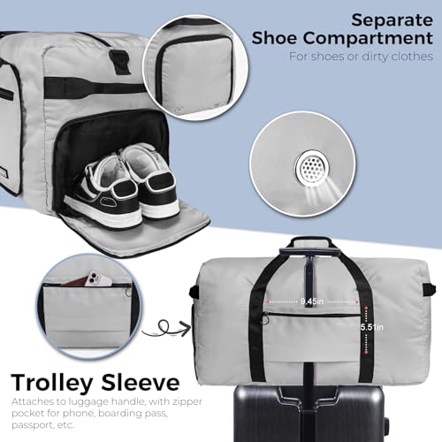 Fmeida 65L Duffle Bag with Shoes Compartment, Foldable Travel Duffel Bags for Men Women, Large Packable Travel Bag Water Repellent & Tear Resistant (Light Gray) - color: Glossy Light Gray